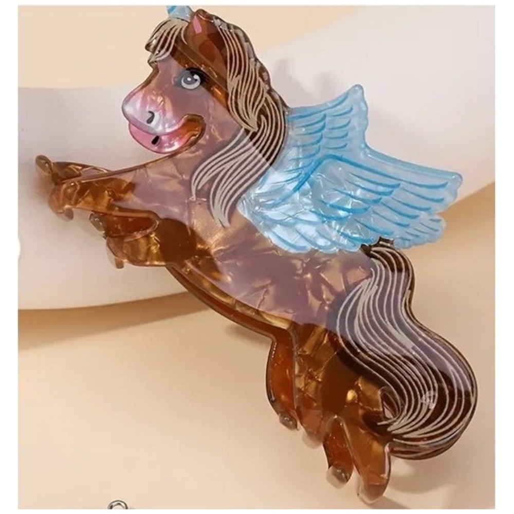 Unicorn Pegasus Flying Horse‎ Hair Clip Claw Brown Blue Whimsical Cute